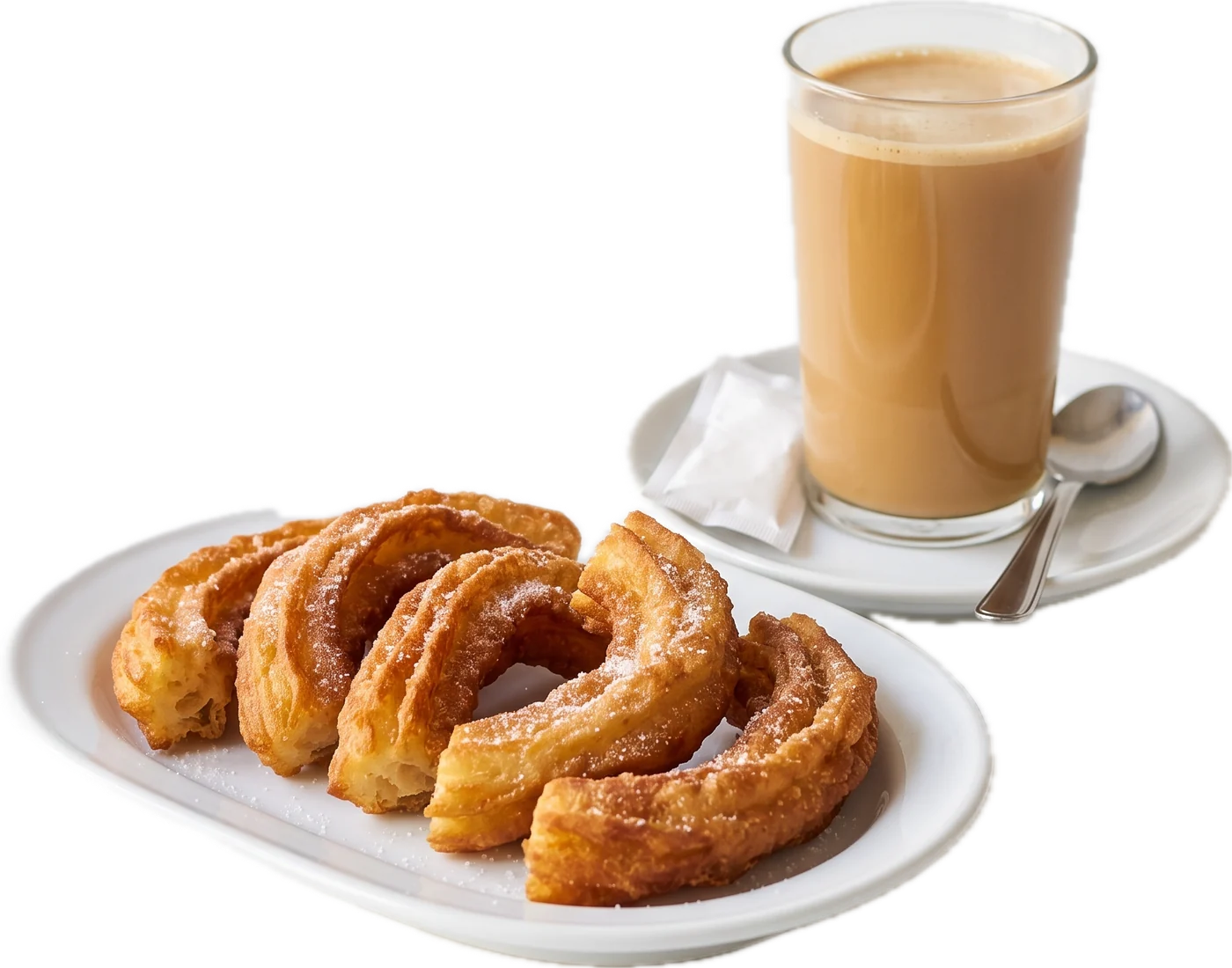 Café con leche en vaso y media de churros