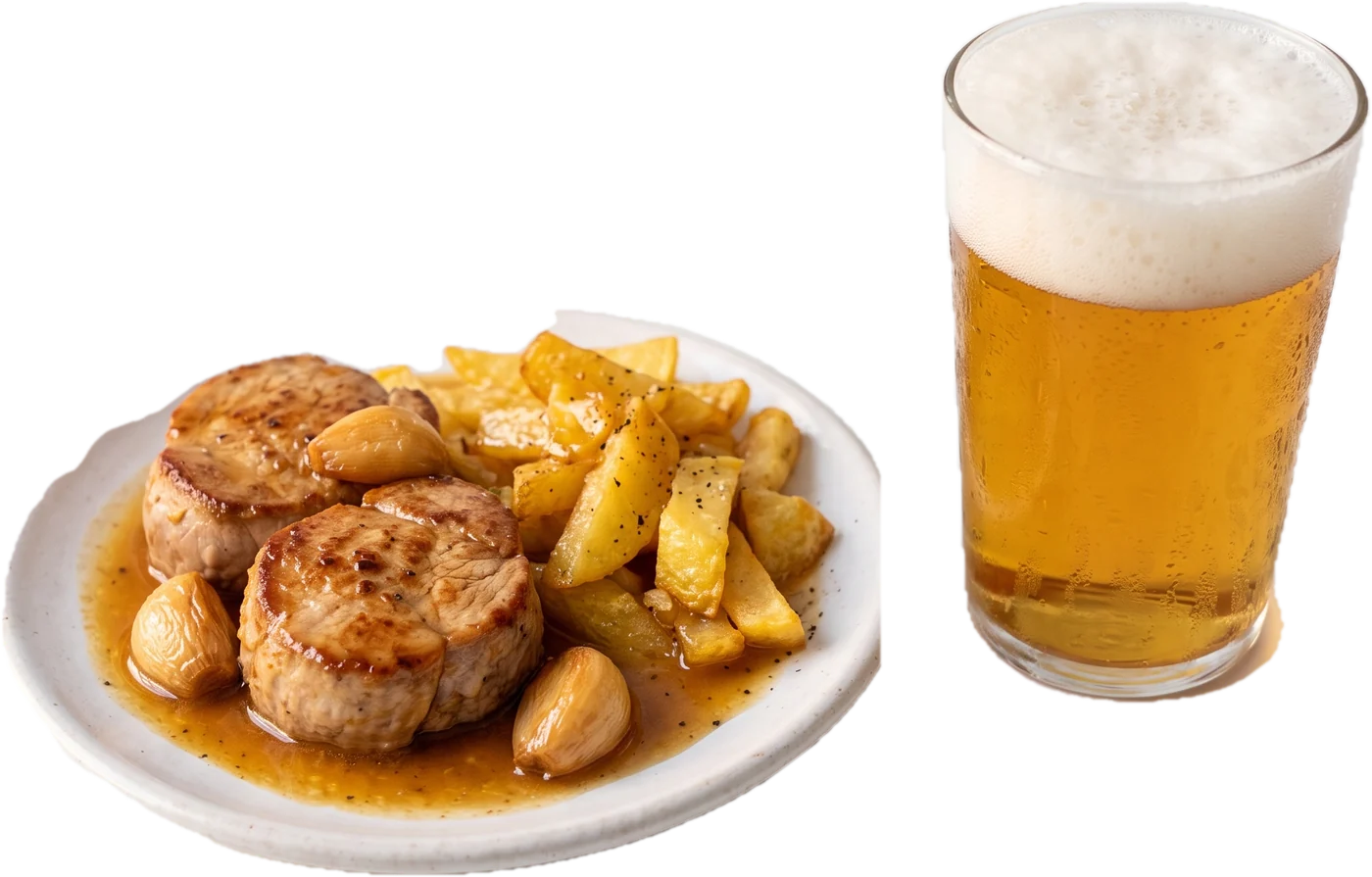 Una caña y una tapa de solomillo al whisky