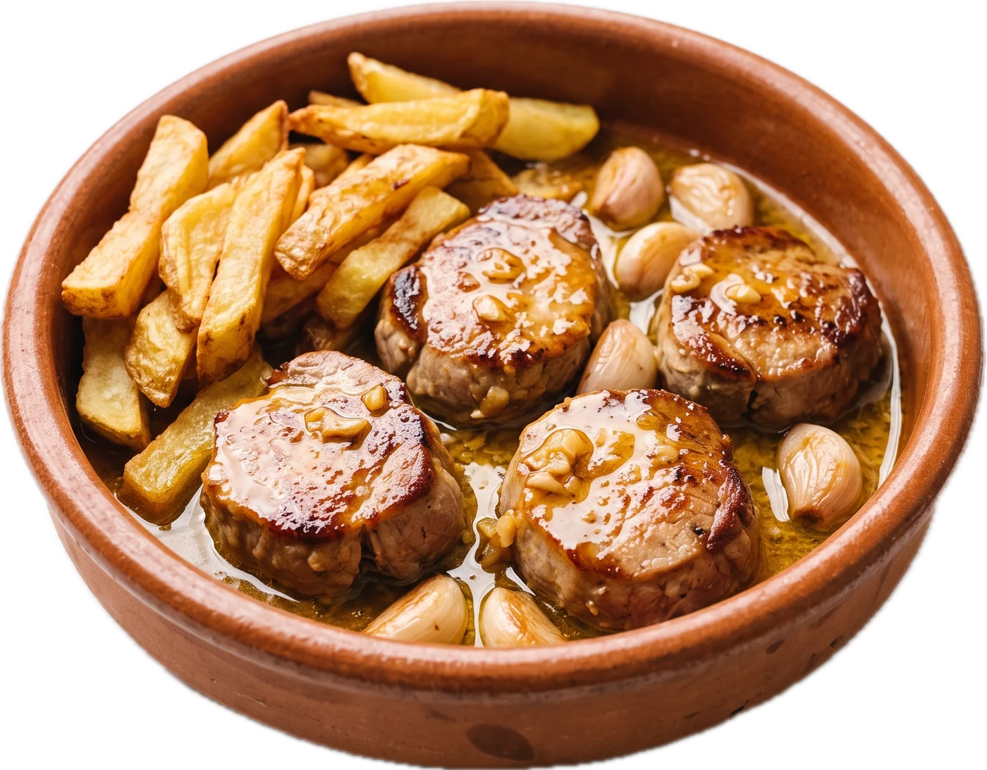 Cazuela de solomillo al whisky con ajos y papas